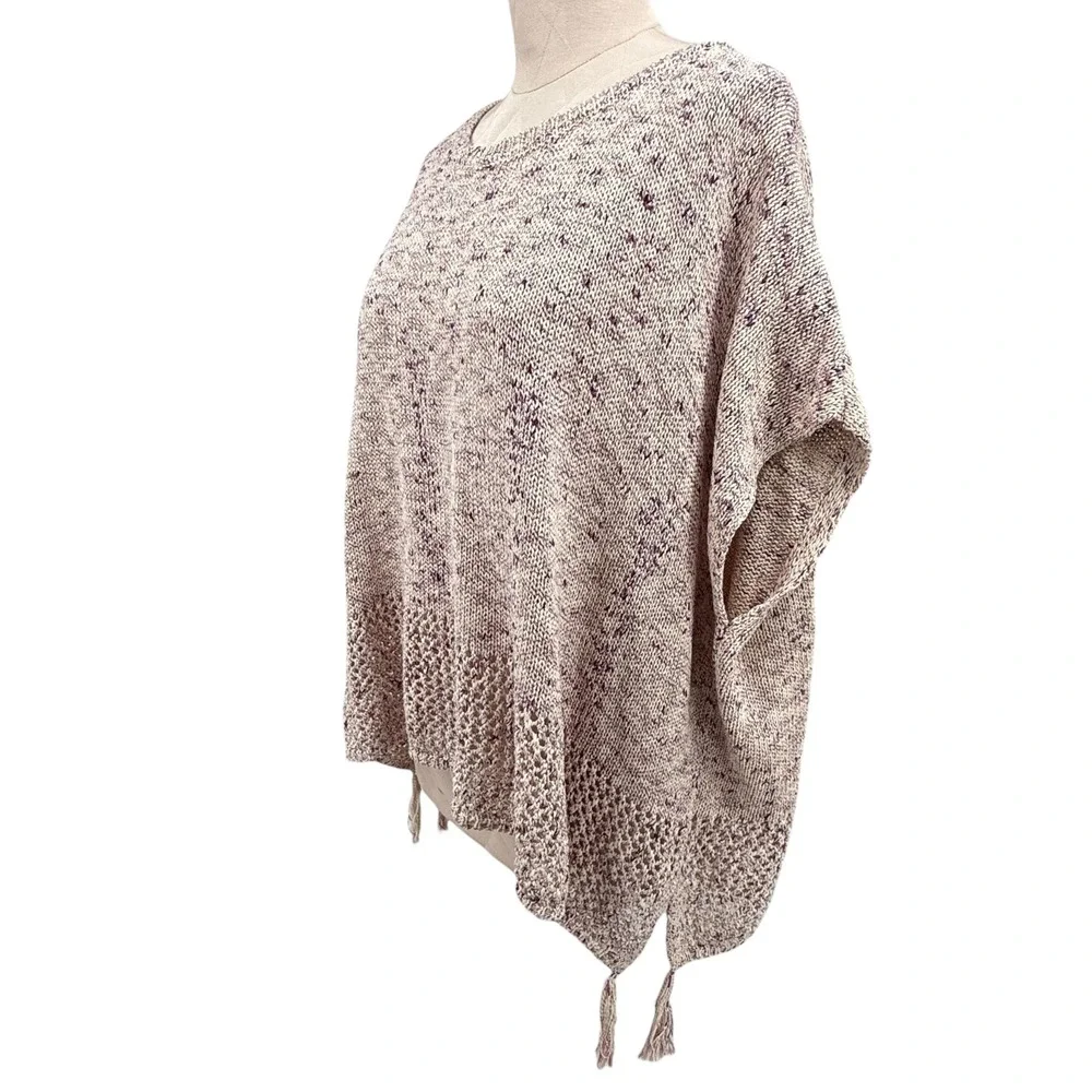 Johnny Was Women Poncho Purple White‎ Knit Tassel Fringe Open Knit Short Sleeve